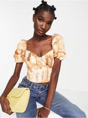 NWOT & Other Stories Yellow-Orange Printed Puff-Sleeve Crop Top